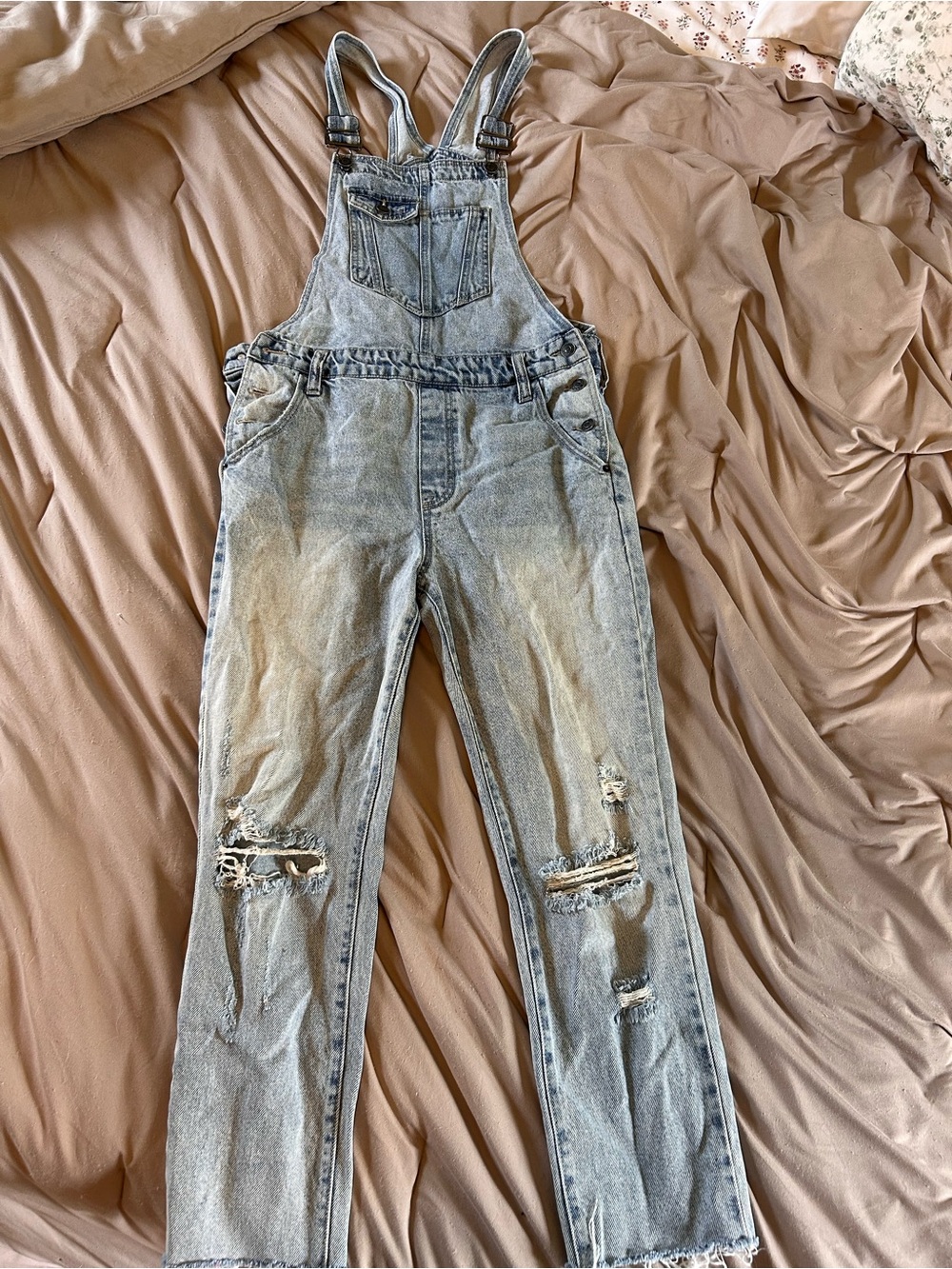 Hidden Jeans Distressed Light Wash Denim Overalls